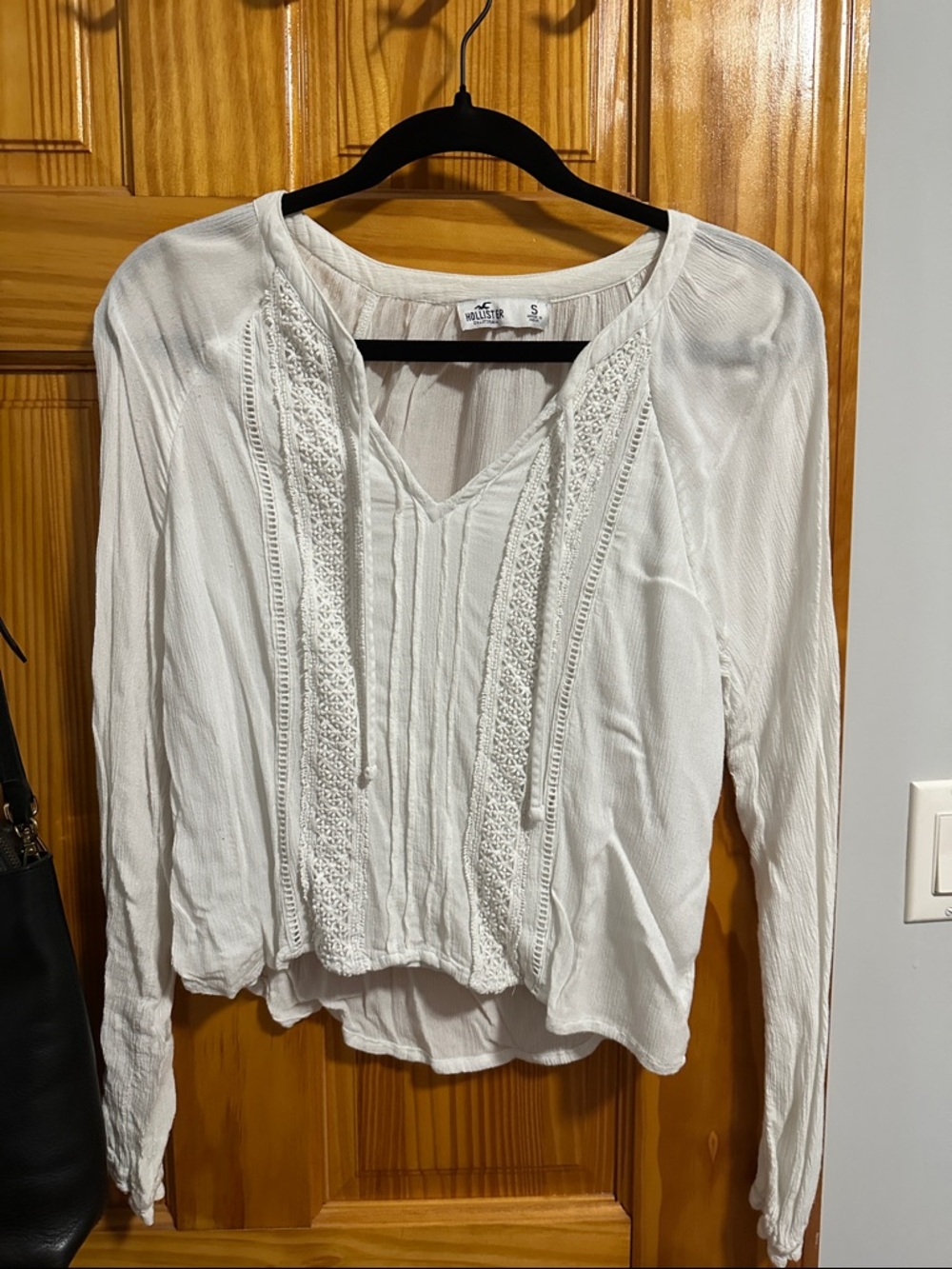 Hollister White V-Neck Boho Blouse with Crochet Panels